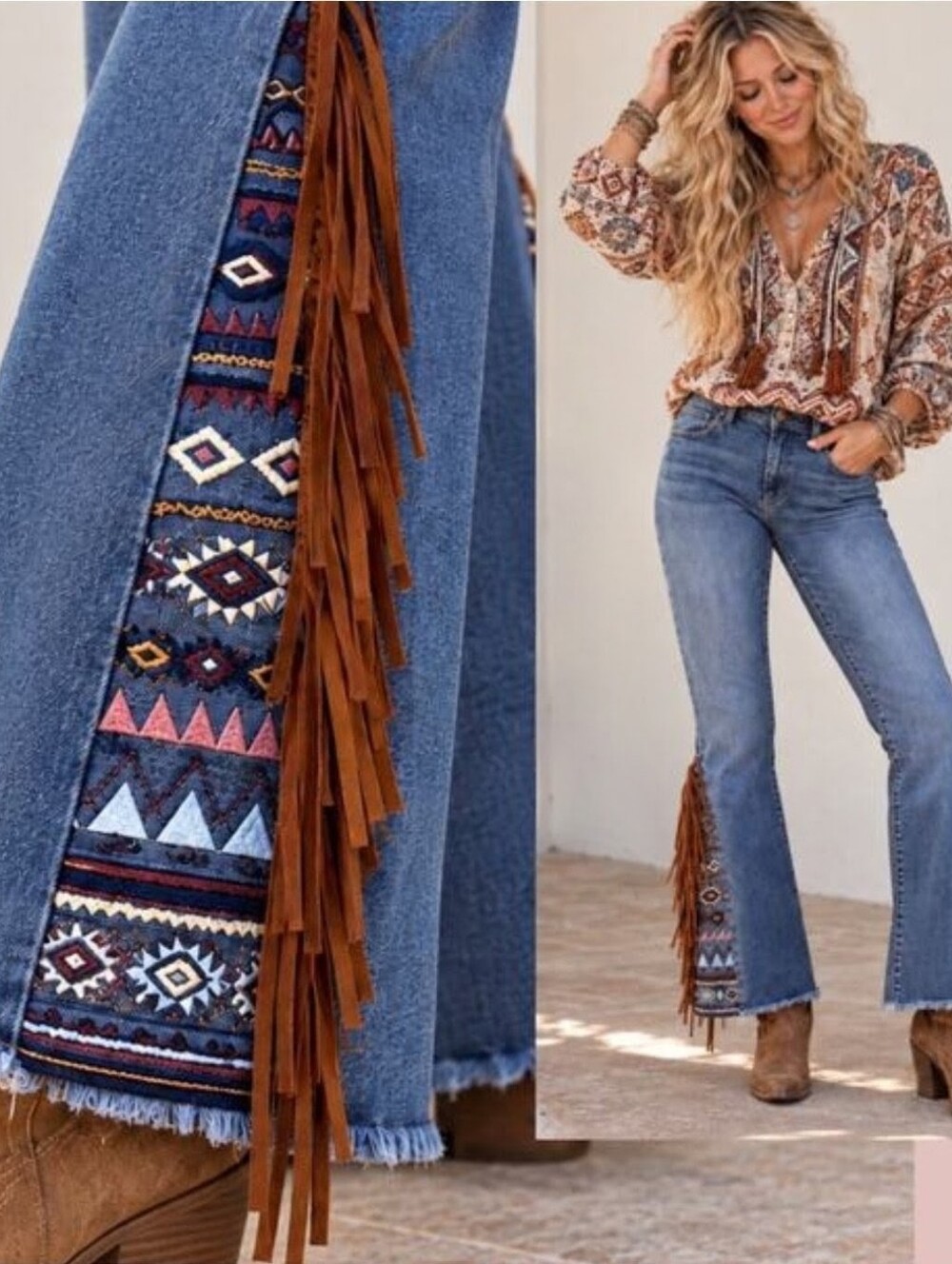 driftwood ciara flare Hippy Festival jeans aztec western Fringe embroidered 2